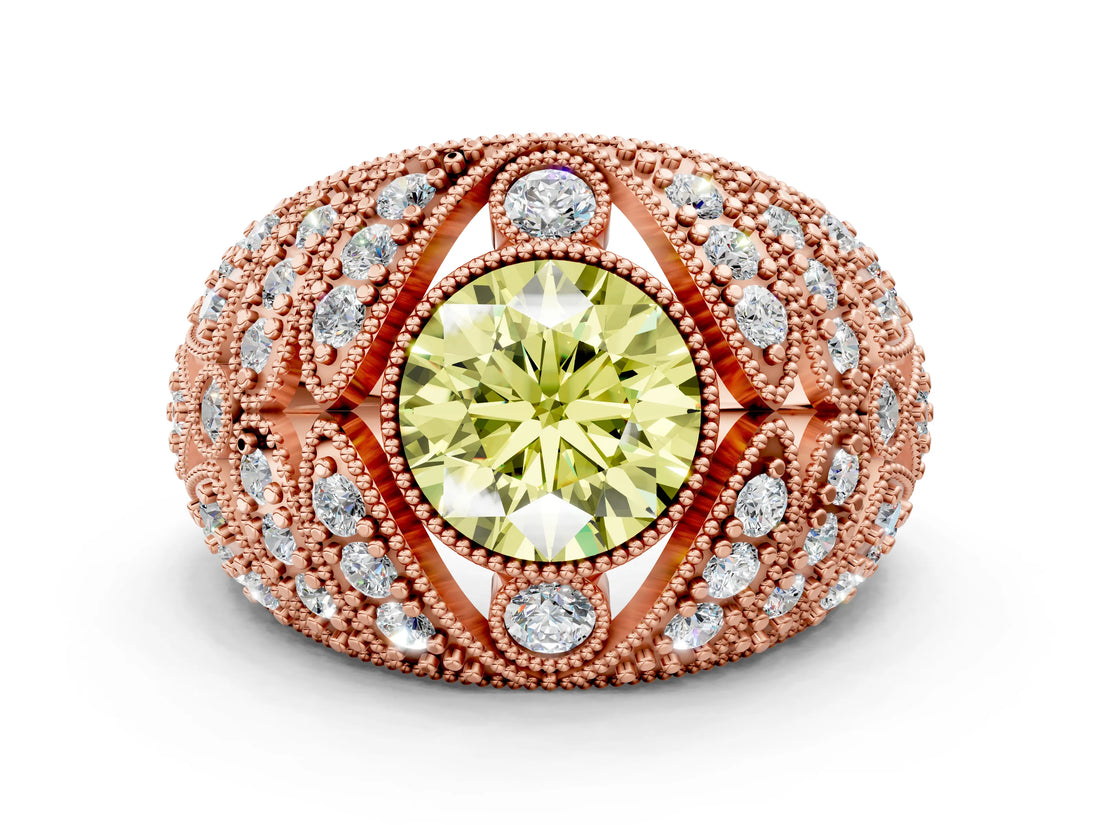 Rose gold Fancy Yellow Round Cut Brilliant Halo Pave Diamond Milgrain Ring