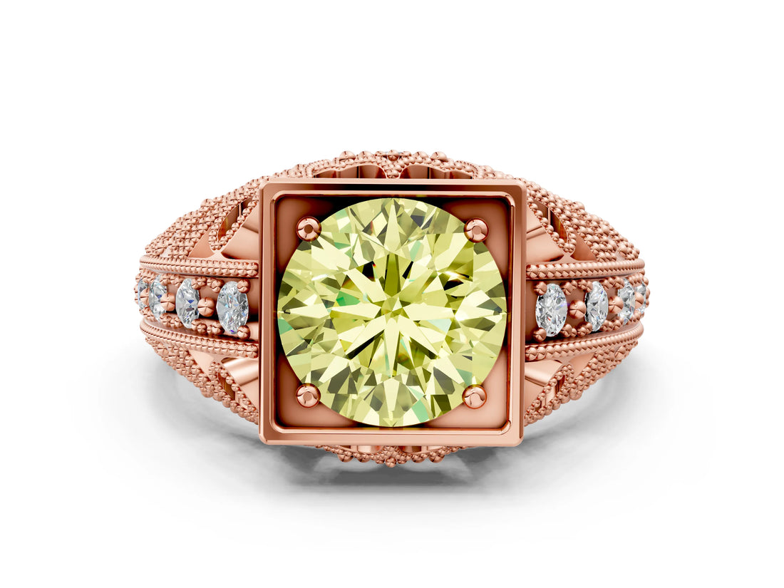 Rose gold Fancy Yellow Round Cut Brilliant Milgrain Filigree Diamond Ring with Square Prong Setting