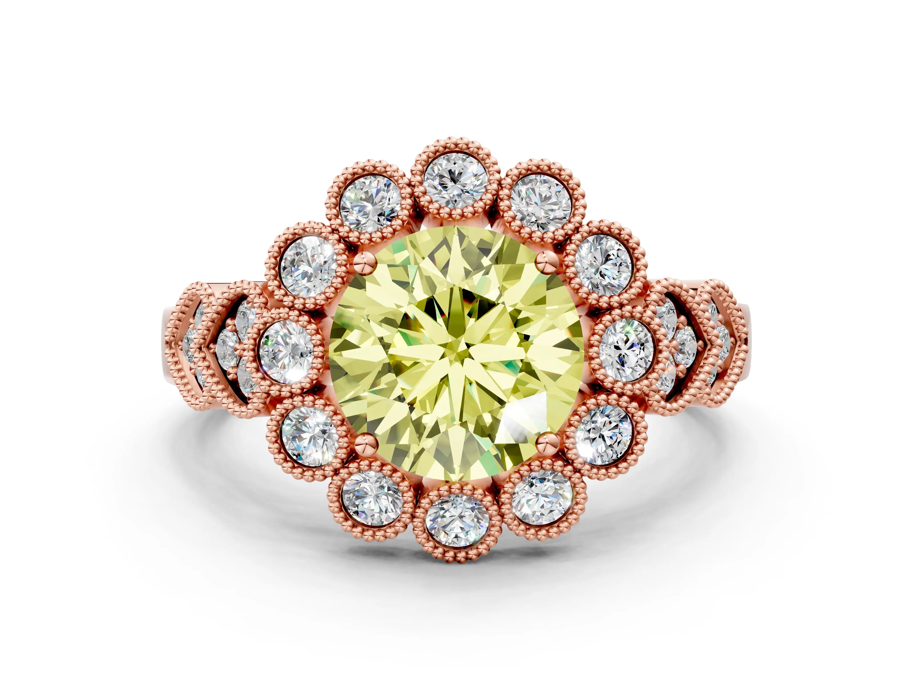 Rose gold Fancy Yellow Round Cut Brilliant Milgrain Pave Heart Band Solitaire Ring