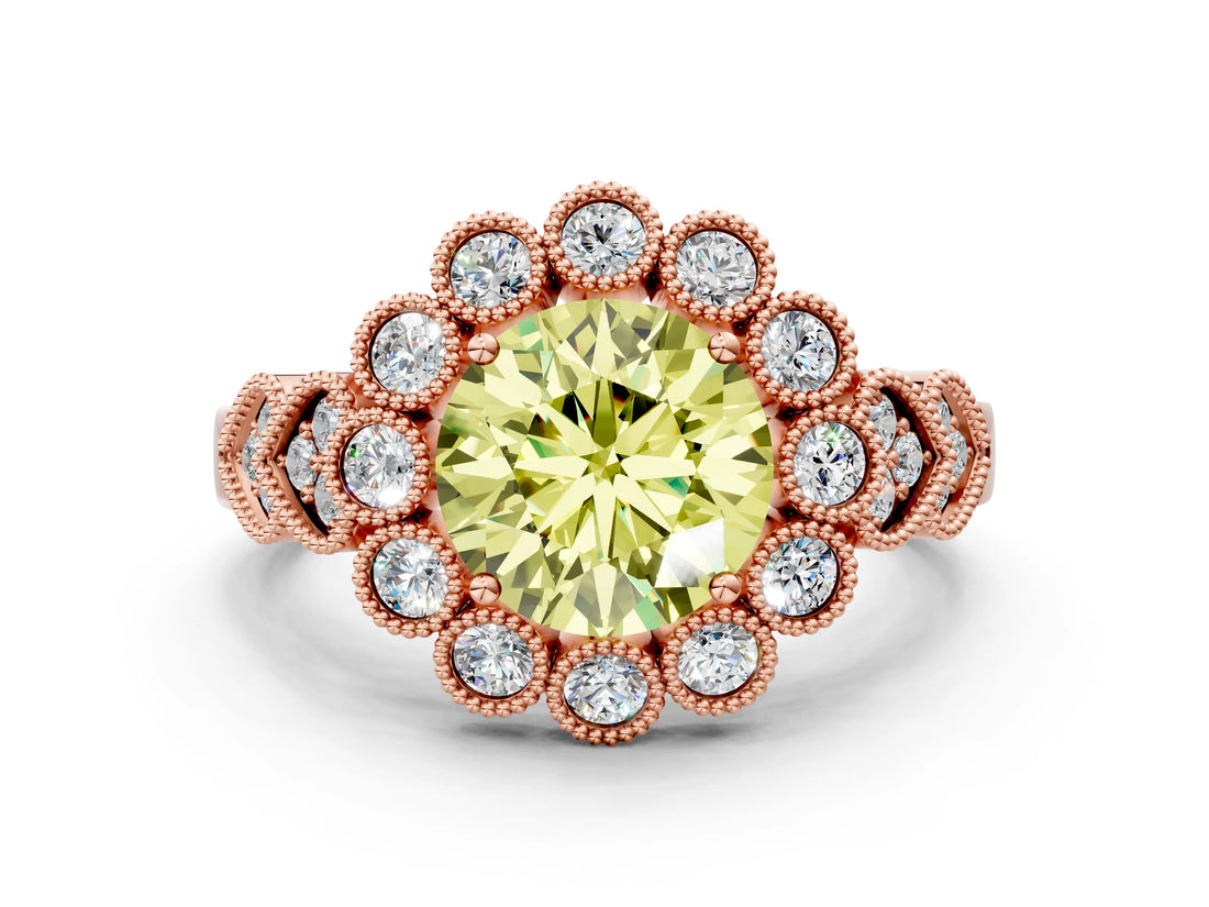 Rose gold Fancy Yellow Round Cut Brilliant Milgrain Pave Heart Band Solitaire Ring