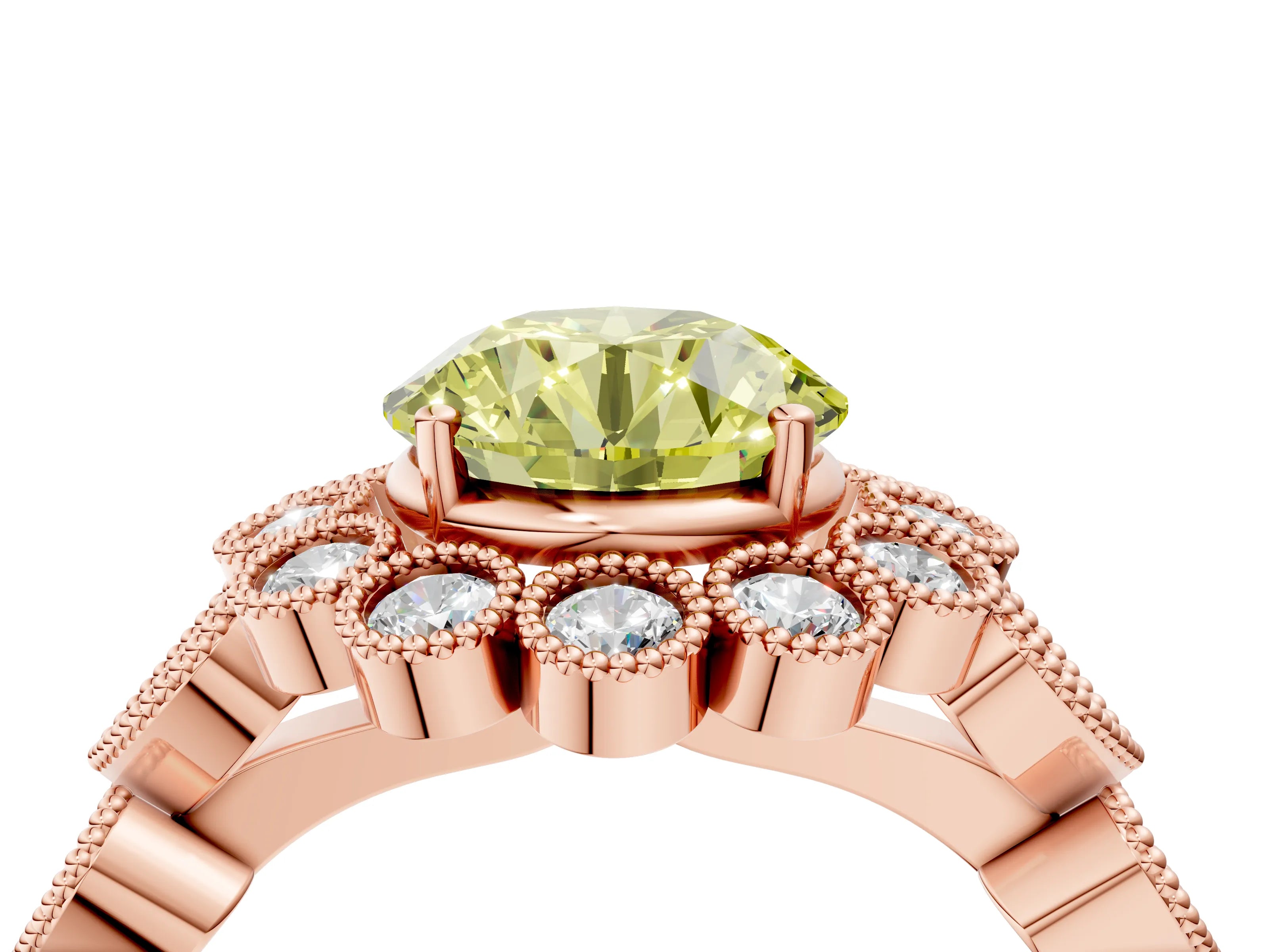 Rose gold Fancy Yellow Round Cut Brilliant Milgrain Pave Heart Band Solitaire Ring_4