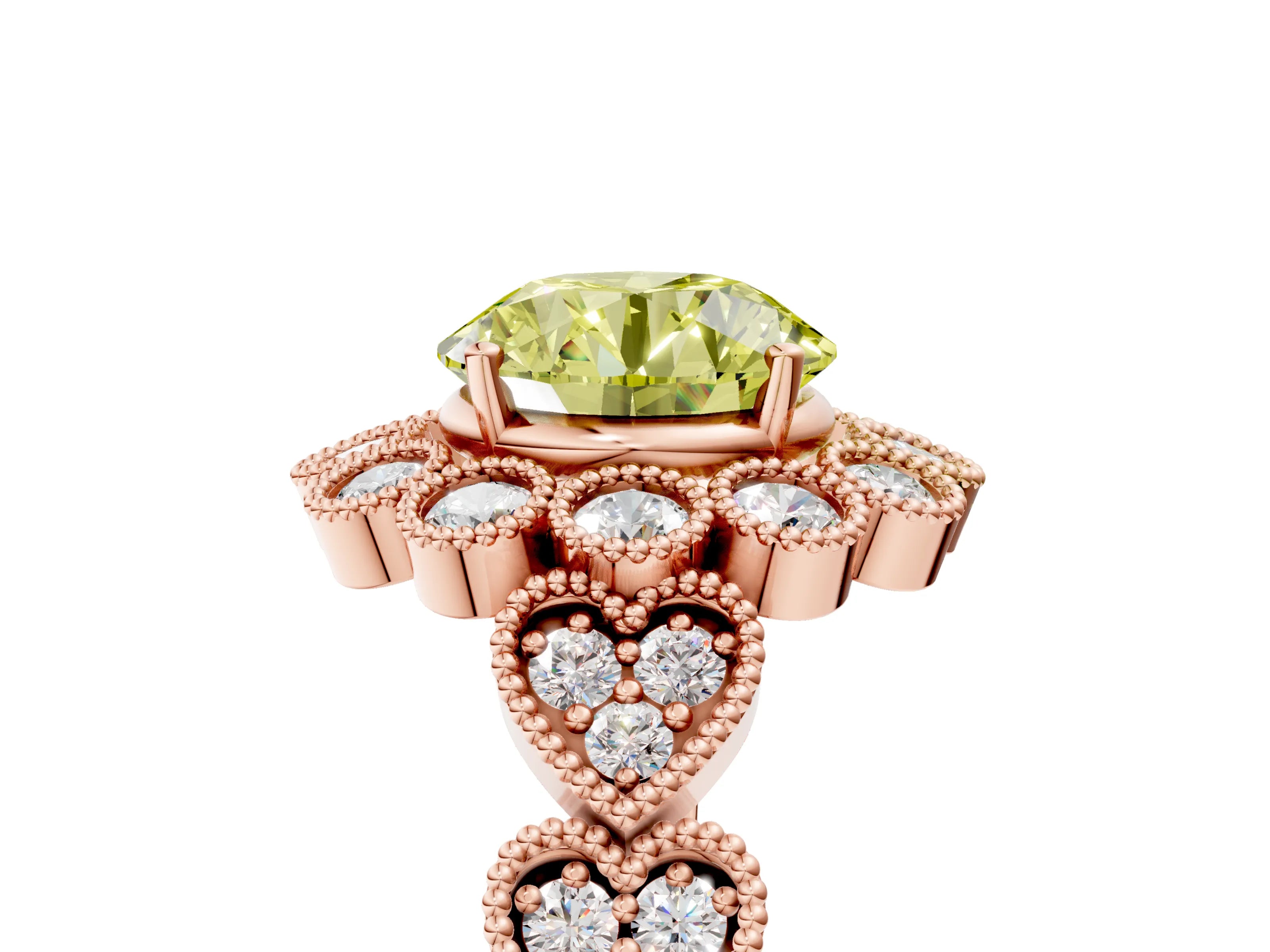 Rose gold Fancy Yellow Round Cut Brilliant Milgrain Pave Heart Band Solitaire Ring_5