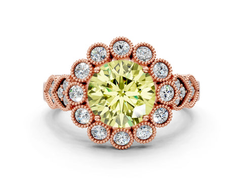 Rose gold Fancy Yellow Round Cut Brilliant Milgrain Pave Heart Band Solitaire Ring