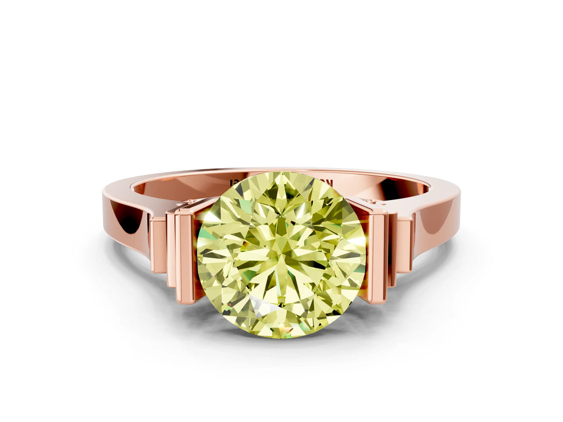 Rose gold Fancy Yellow Round Cut Brilliant Solitaire Diamond Ring with Channel Set Band and Bar Prong Setting