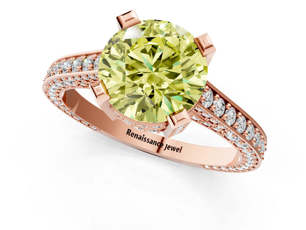 Rose gold Fancy Yellow Round Cut Brilliant Split Shank Pave Solitaire Ring with Four-Prong Setting