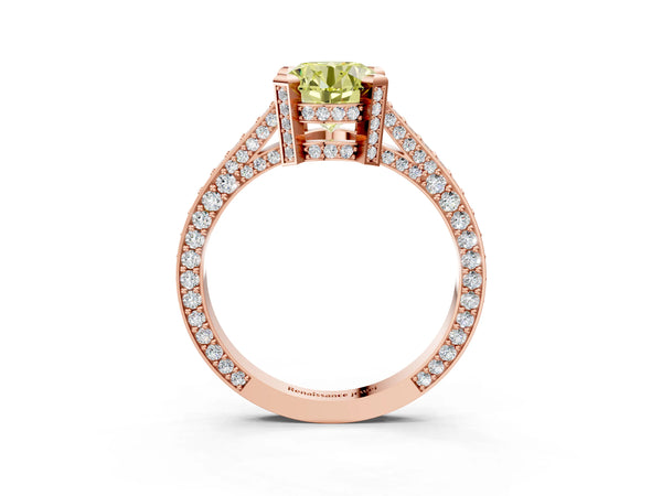 Rose gold Fancy Yellow Round Cut Brilliant Split Shank Pave Solitaire Ring with Four-Prong Setting