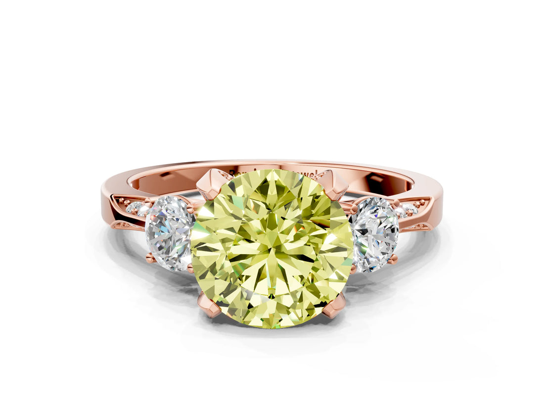 Rose gold Fancy Yellow Round Cut Brilliant Three-Stone Diamond Ring with Pavé Band and Four-Prong Setting_3