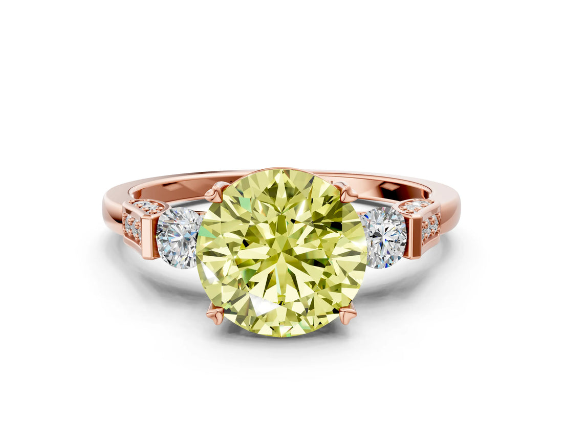 Rose gold Fancy Yellow Round Cut Brilliant Three-Stone Pave Band with Four-Prong Setting