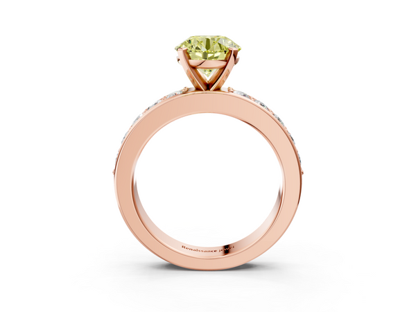 Rose Gold Round Side Stone Engagement Ring Setting for Fancy Yellow Center with Wide Accent Band