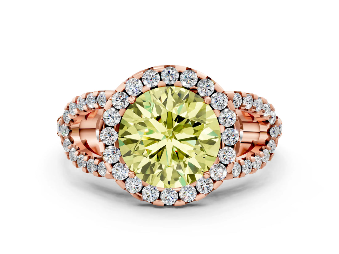 Rose gold Fancy Yellow Round Cut Cut Diamond Halo Engagement Ring with Open Split Pavé Band