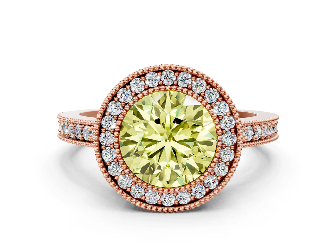 Rose gold Fancy Yellow Round Cut-Cut Diamond Halo Engagement Ring with Pave Band and Prong Setting