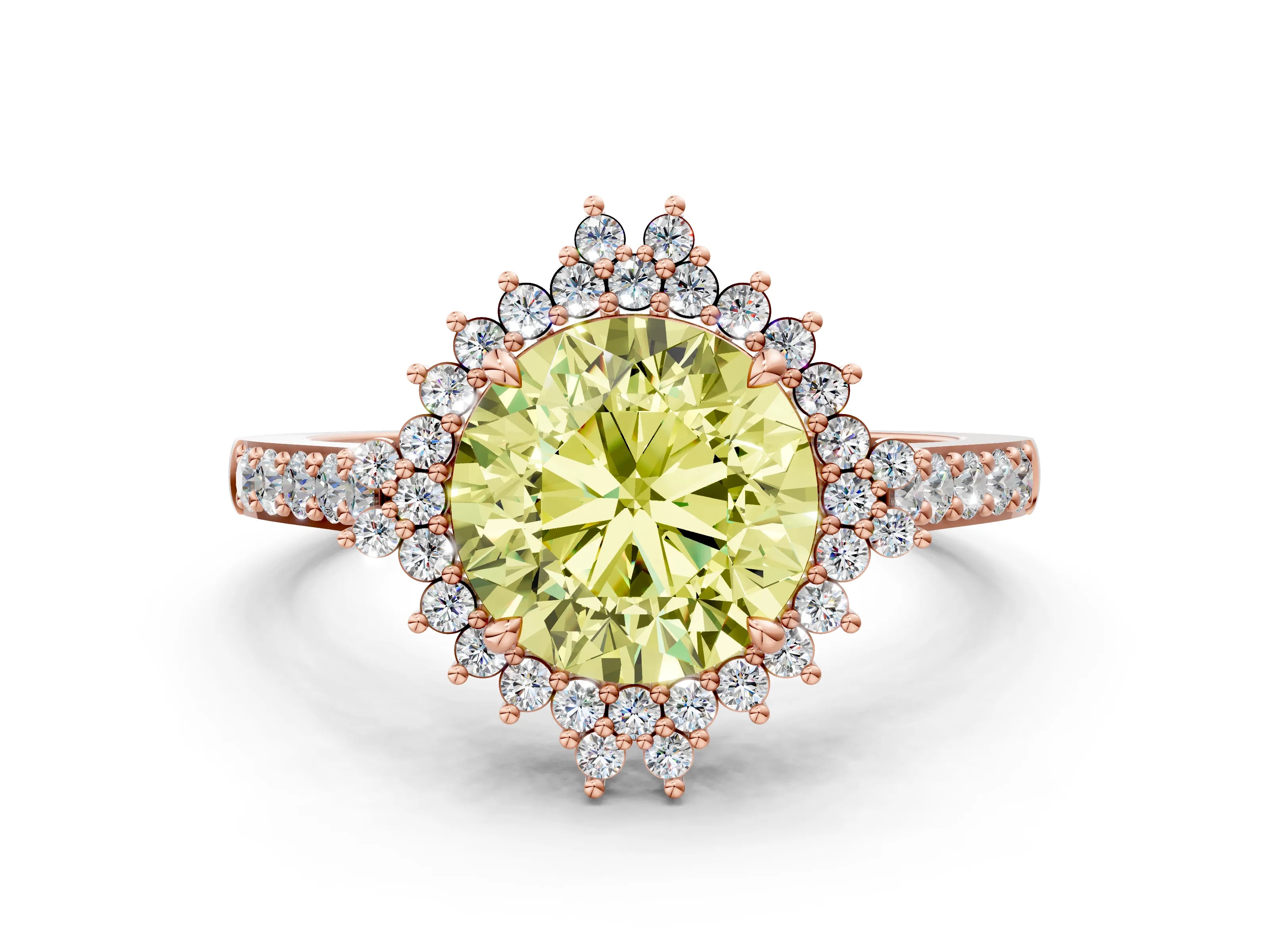 Rose gold Fancy Yellow Round Cut Cut Diamond Sunburst Halo Engagement Ring with Pavé Band
