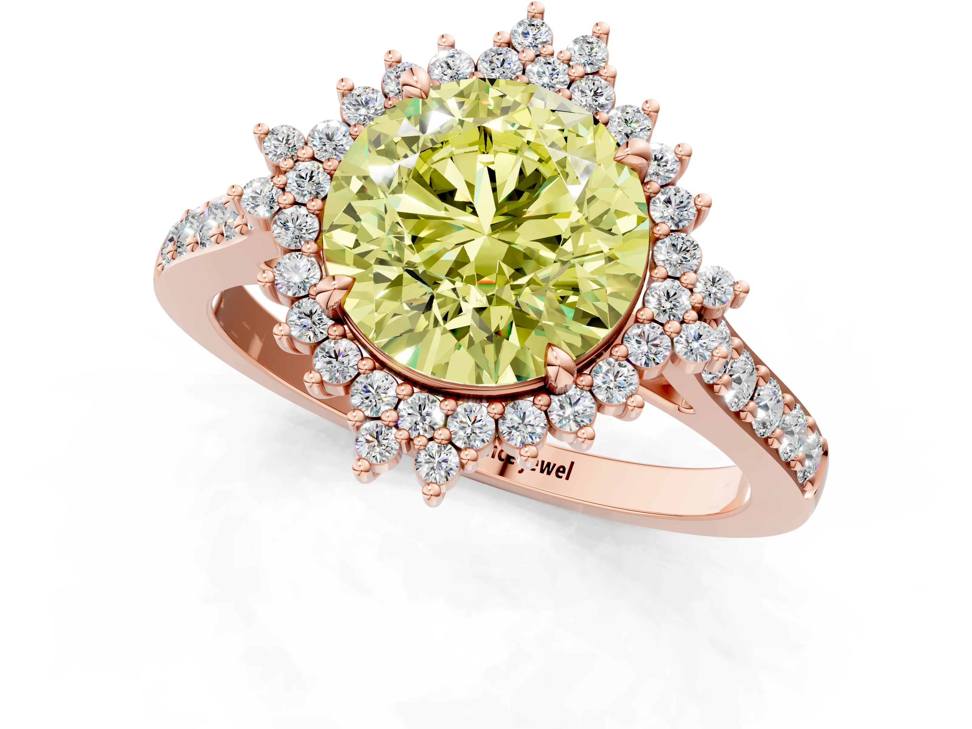 Rose gold Fancy Yellow Round Cut Cut Diamond Sunburst Halo Engagement Ring with Pavé Band_1