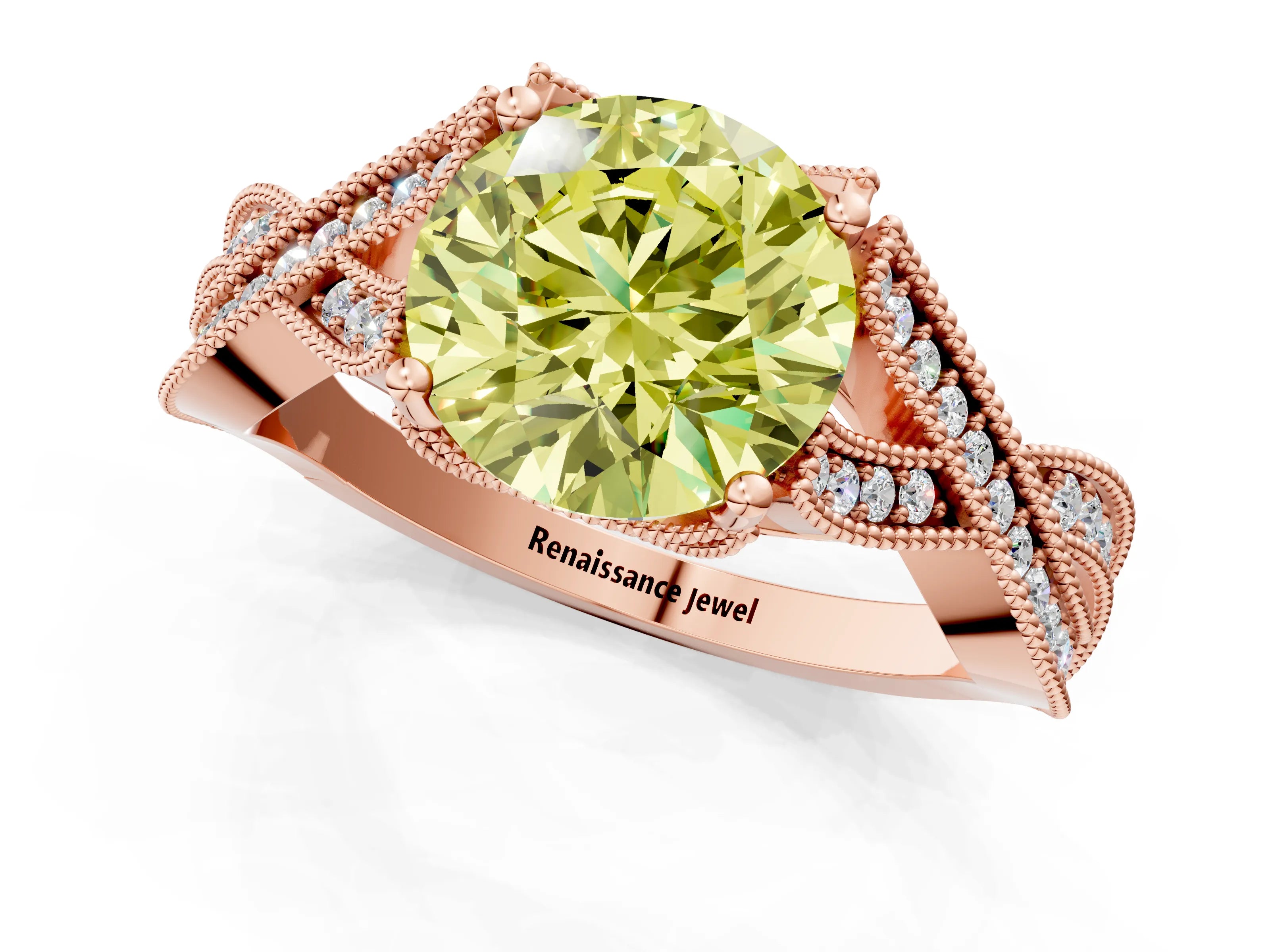 Rose gold Fancy Yellow Round Cut Cut Diamond Twisted Band with Milgrain Pave Setting and Four-Prong Setting_1
