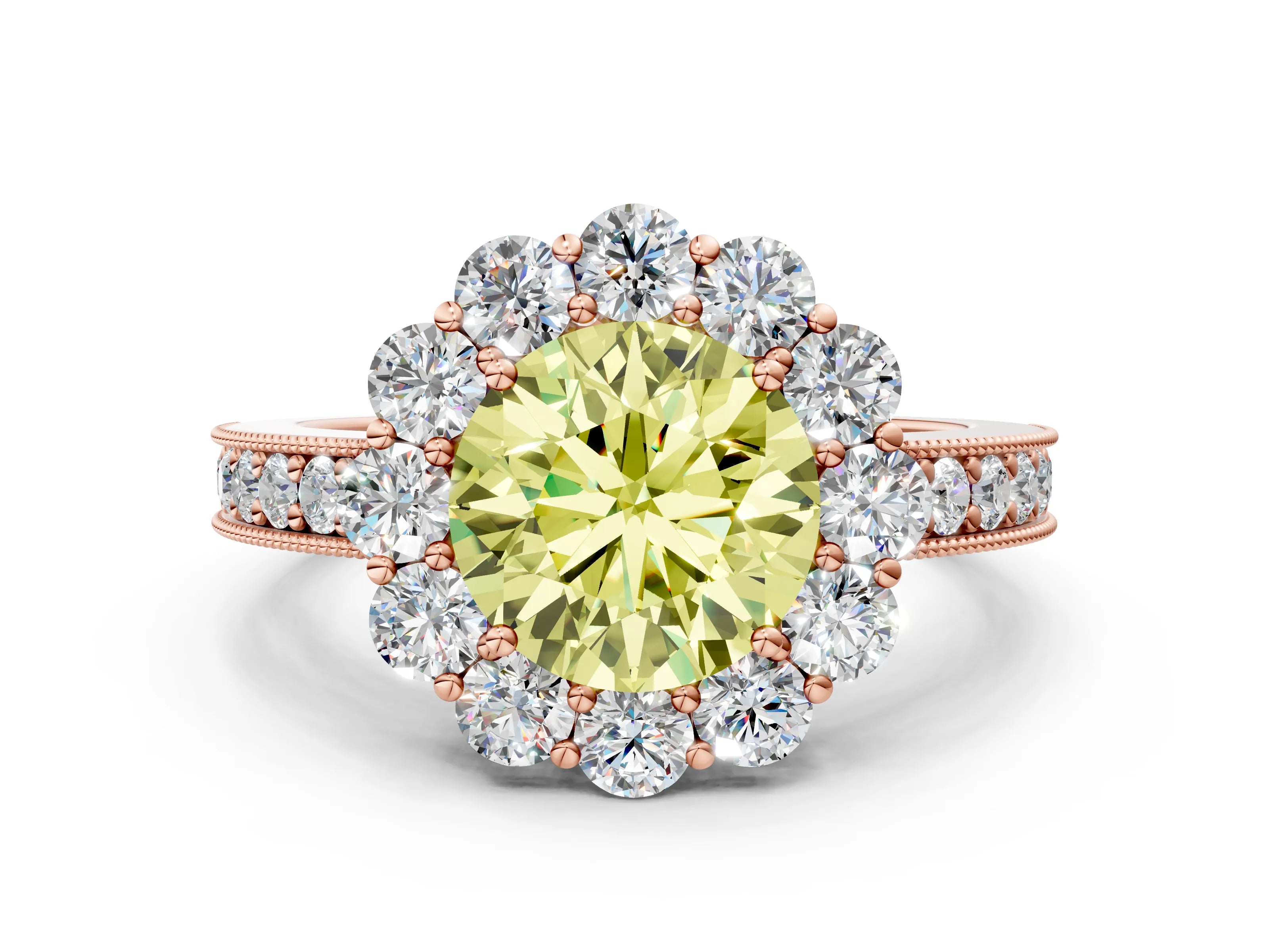 Rose gold Fancy Yellow Round Cut Cut Halo Diamond Pavé Engagement Ring with Milgrain Detailing