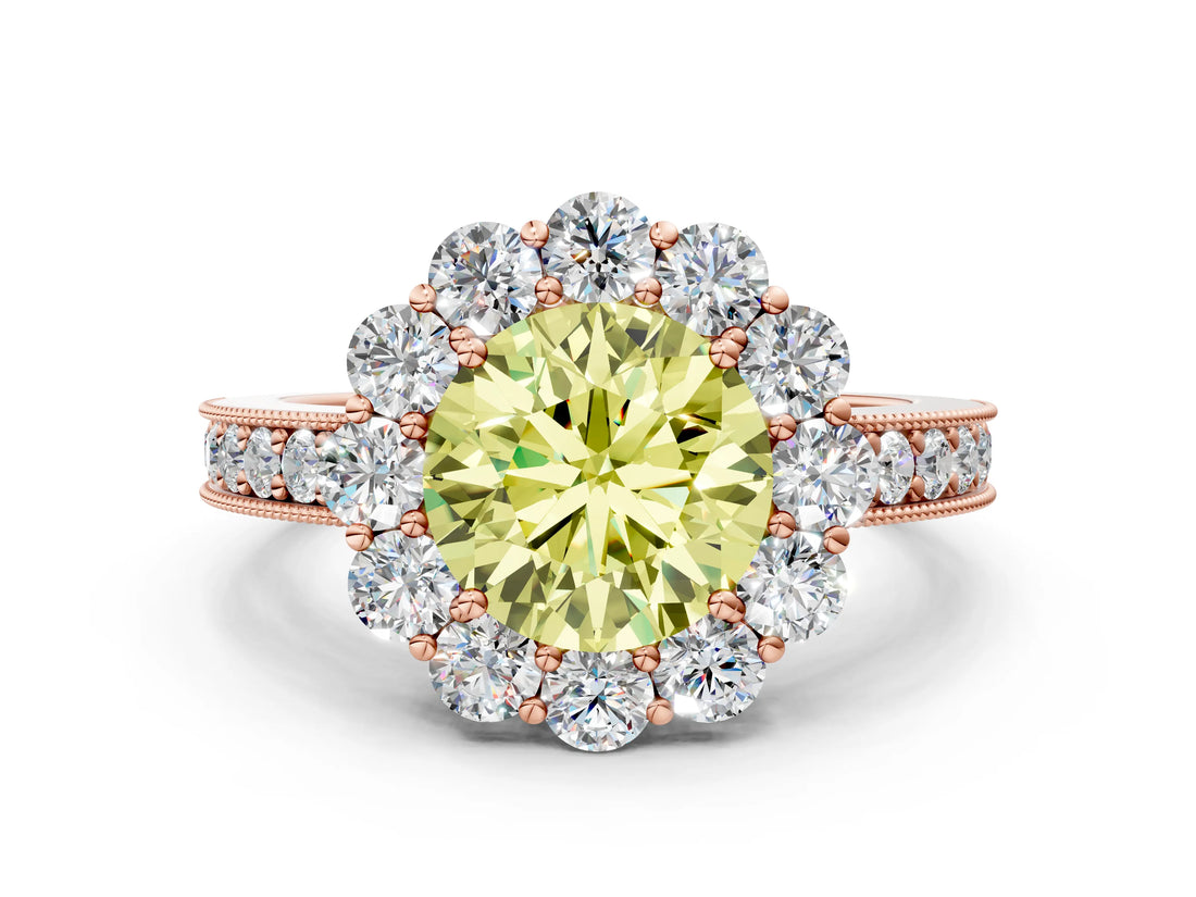 Rose gold Fancy Yellow Round Cut Cut Halo Diamond Pavé Engagement Ring with Milgrain Detailing