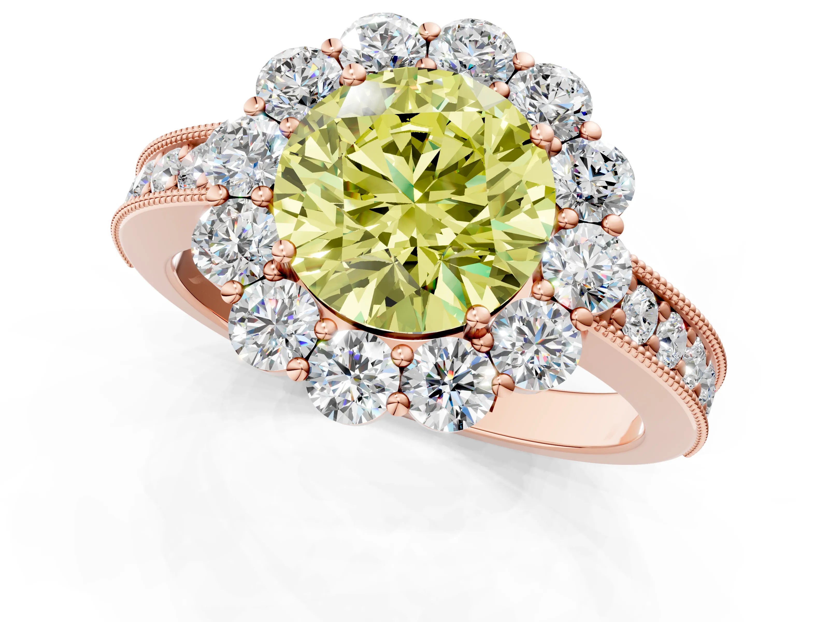 Rose gold Fancy Yellow Round Cut Cut Halo Diamond Pavé Engagement Ring with Milgrain Detailing_1