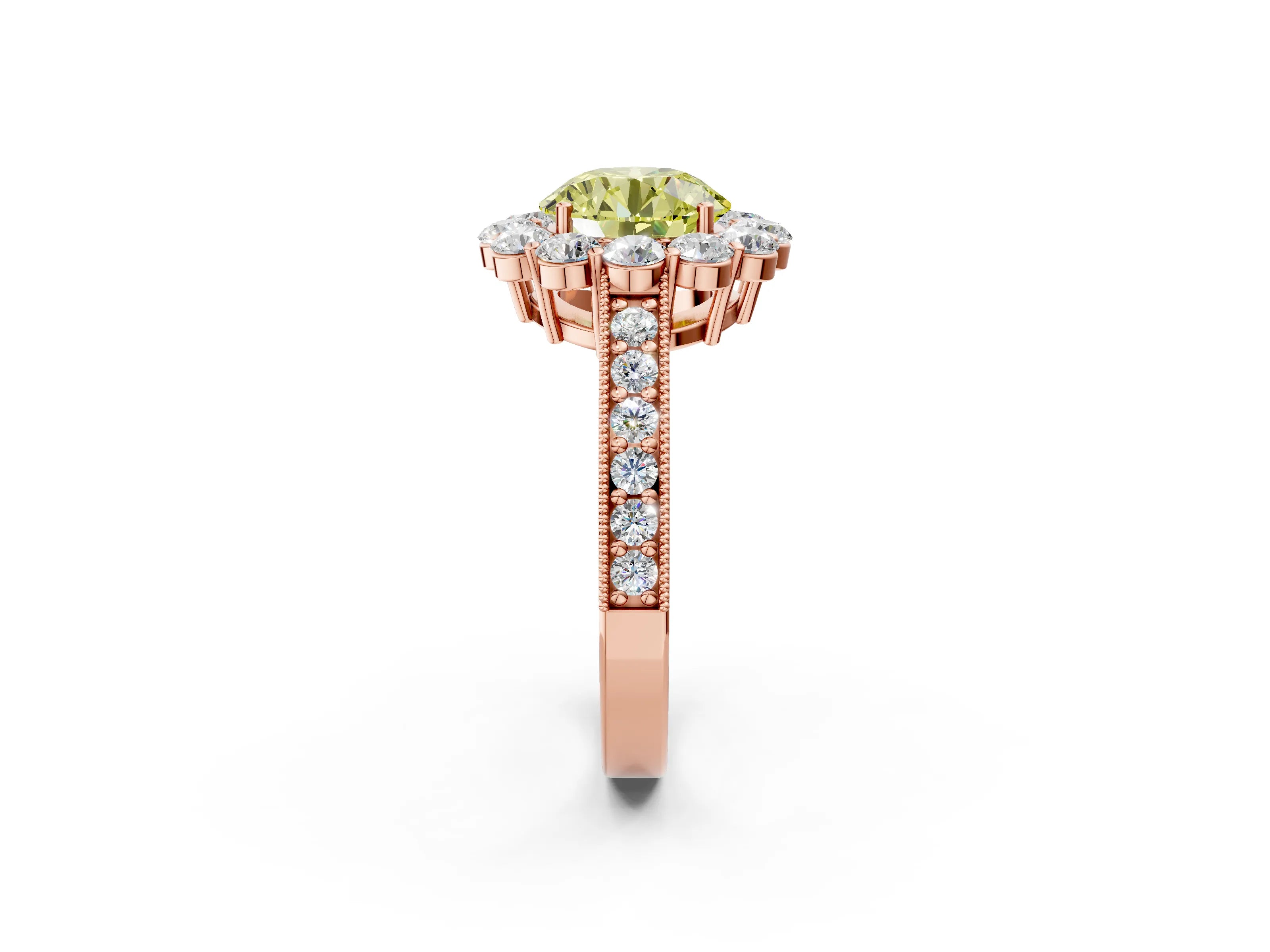 Rose gold Fancy Yellow Round Cut Cut Halo Diamond Pavé Engagement Ring with Milgrain Detailing_2