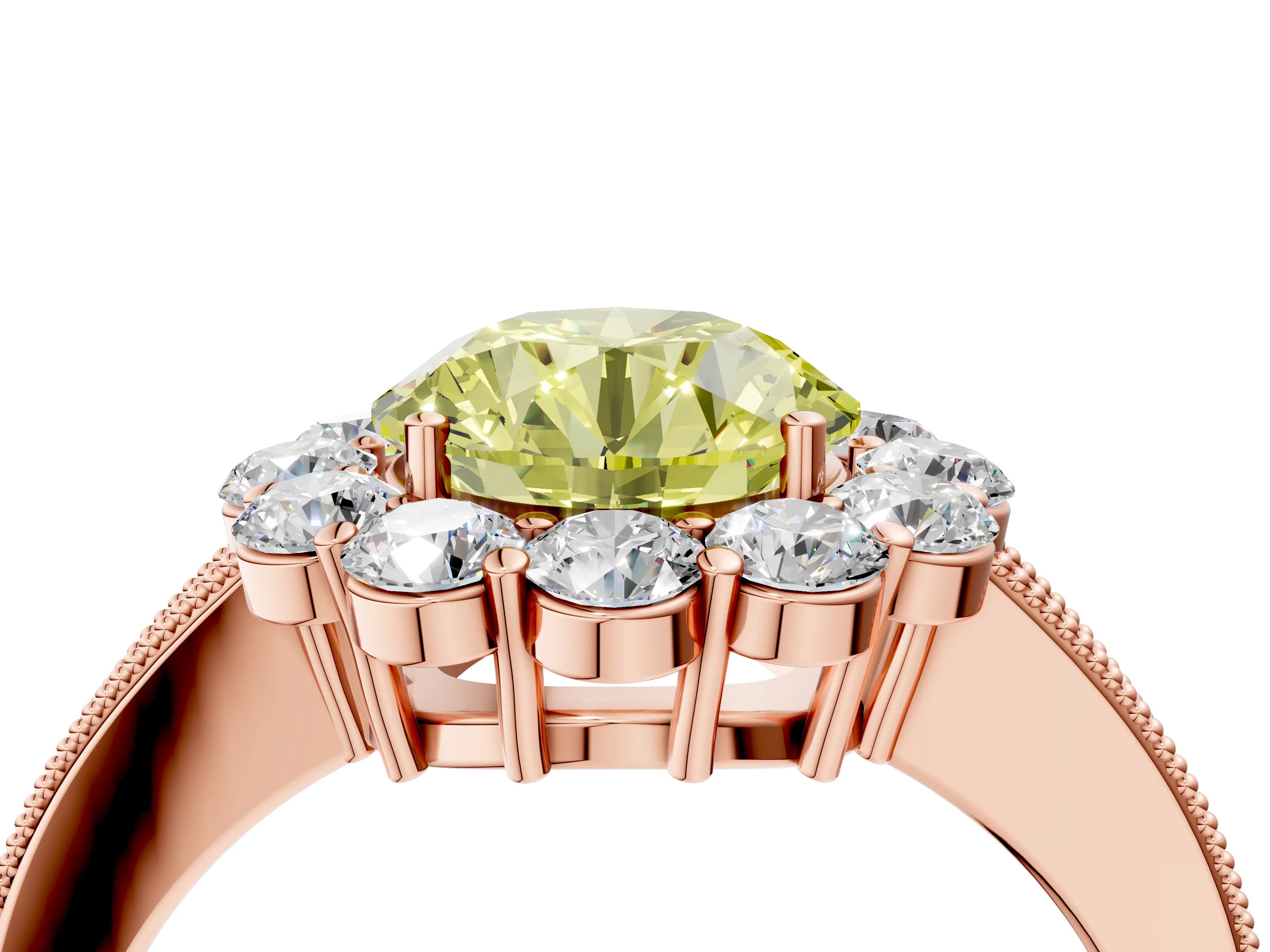 Rose gold Fancy Yellow Round Cut Cut Halo Diamond Pavé Engagement Ring with Milgrain Detailing_4