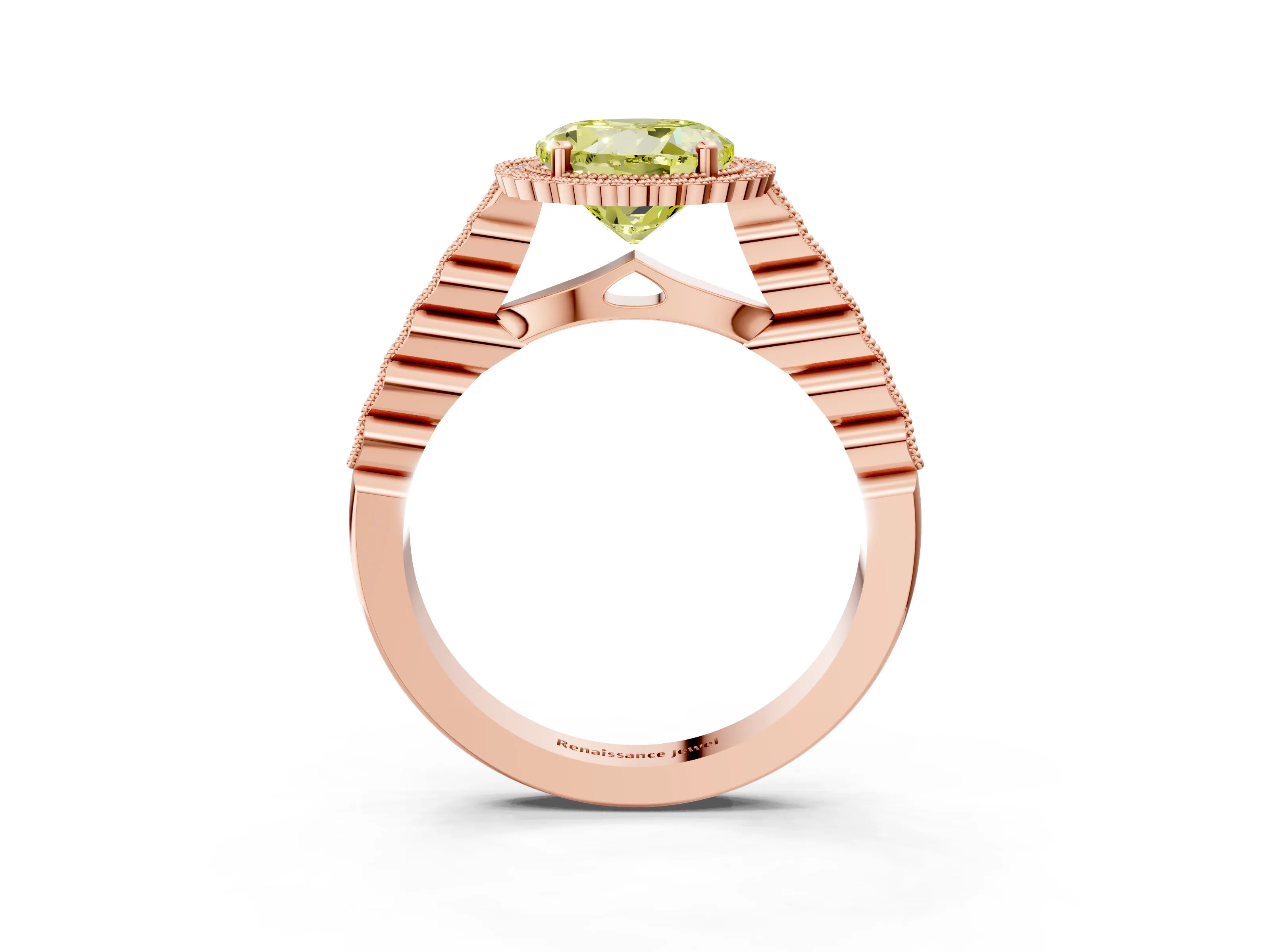 Rose gold Fancy Yellow Round Cut Cut Halo Pavé Solitaire Ring with Milgrain Band_3
