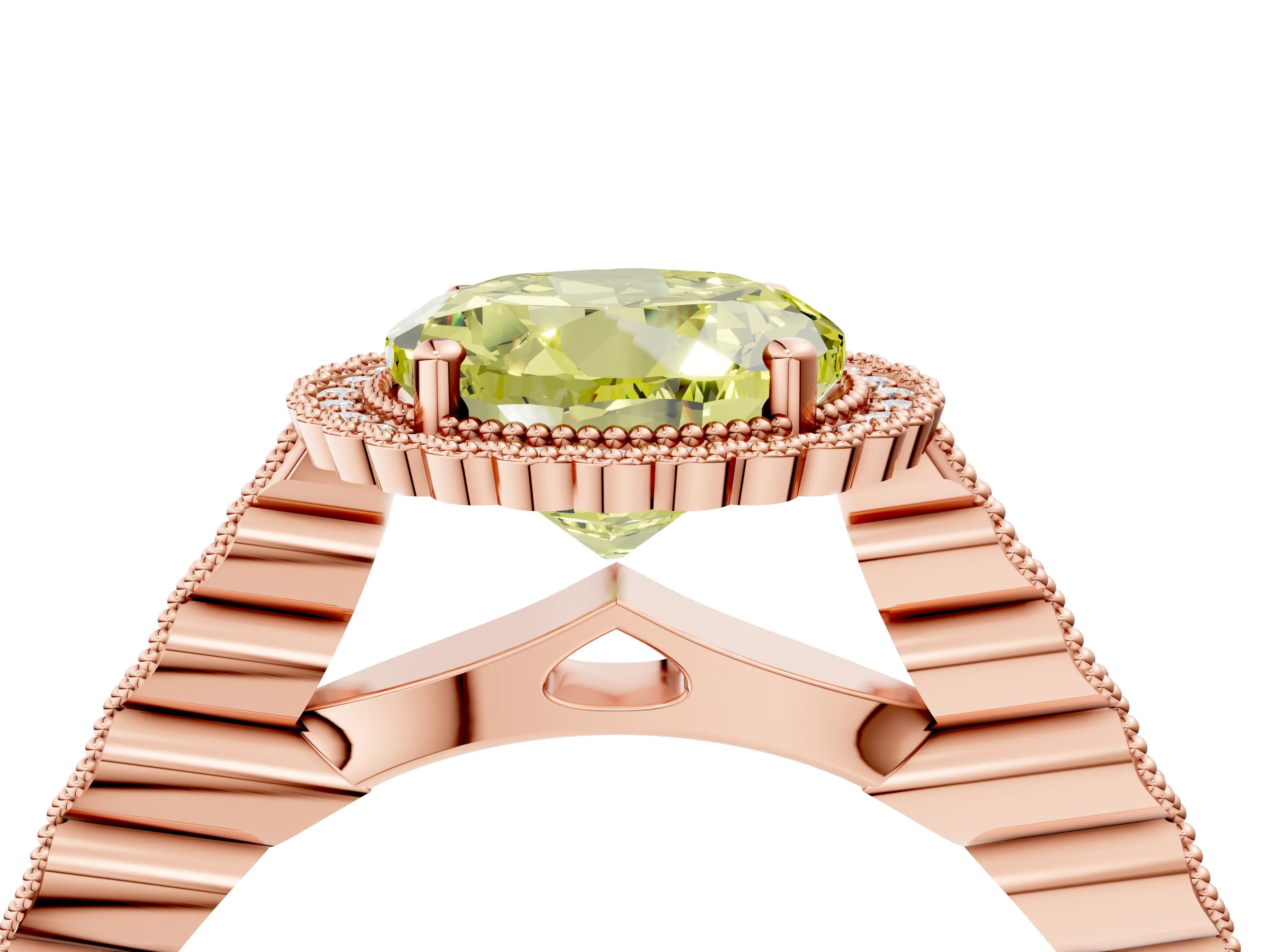Rose gold Fancy Yellow Round Cut Cut Halo Pavé Solitaire Ring with Milgrain Band_4