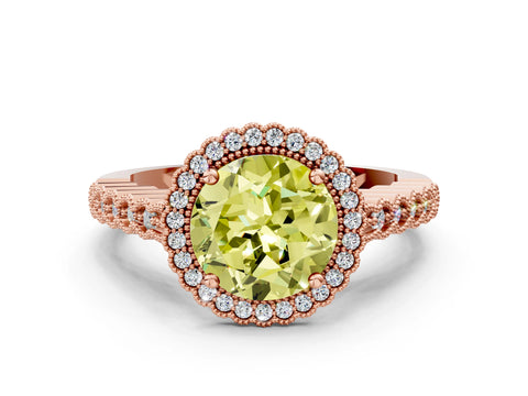 Rose gold Fancy Yellow Round Cut Cut Halo Pavé Solitaire Ring with Milgrain Band