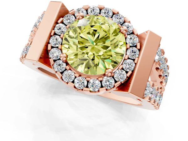 Rose Gold Round Halo Engagement Ring Setting for Fancy Yellow Center with Bar Shoulders
