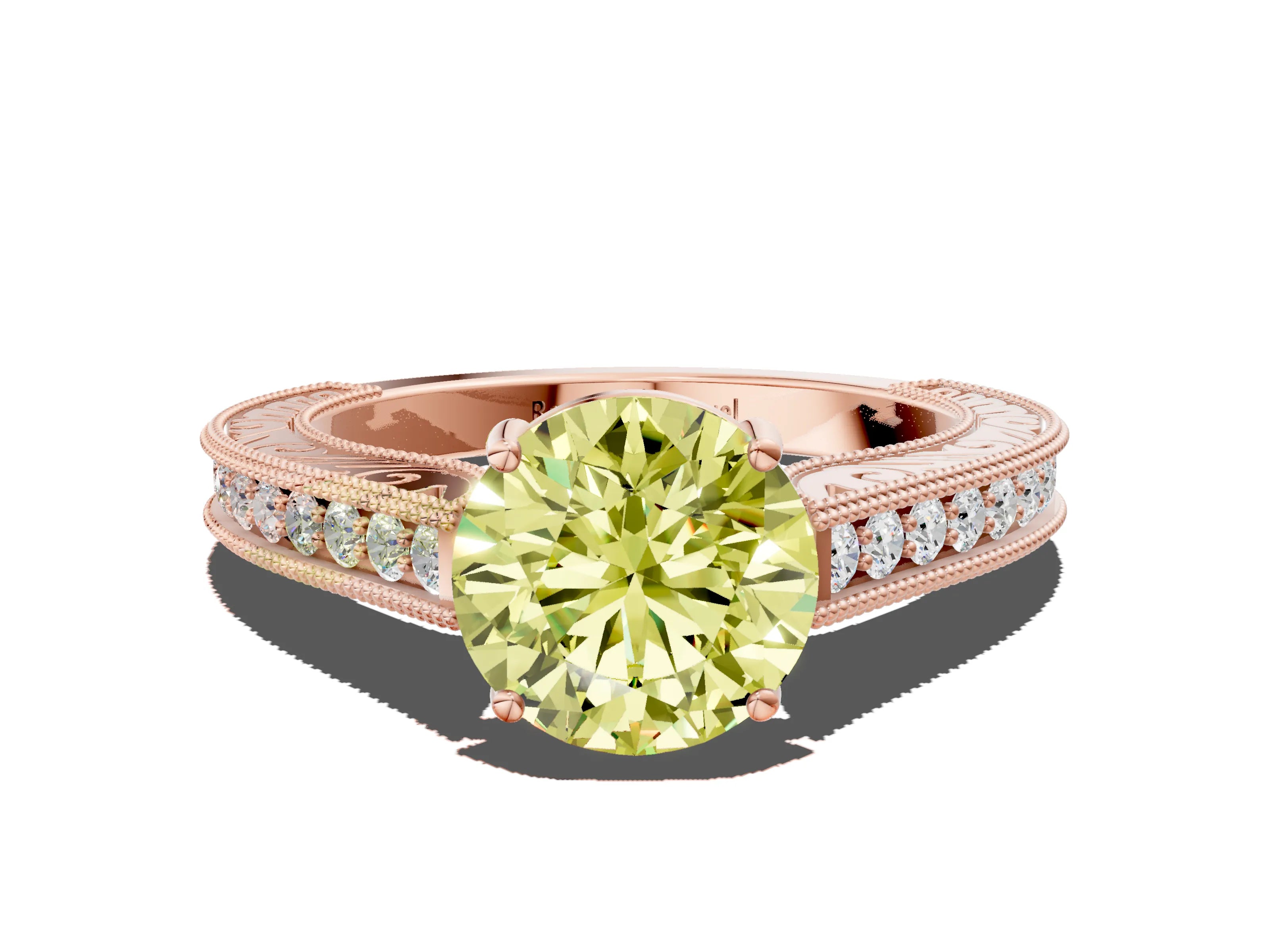 Rose gold Fancy Yellow Round Cut Cut Pave Band Milgrain Solitaire Ring