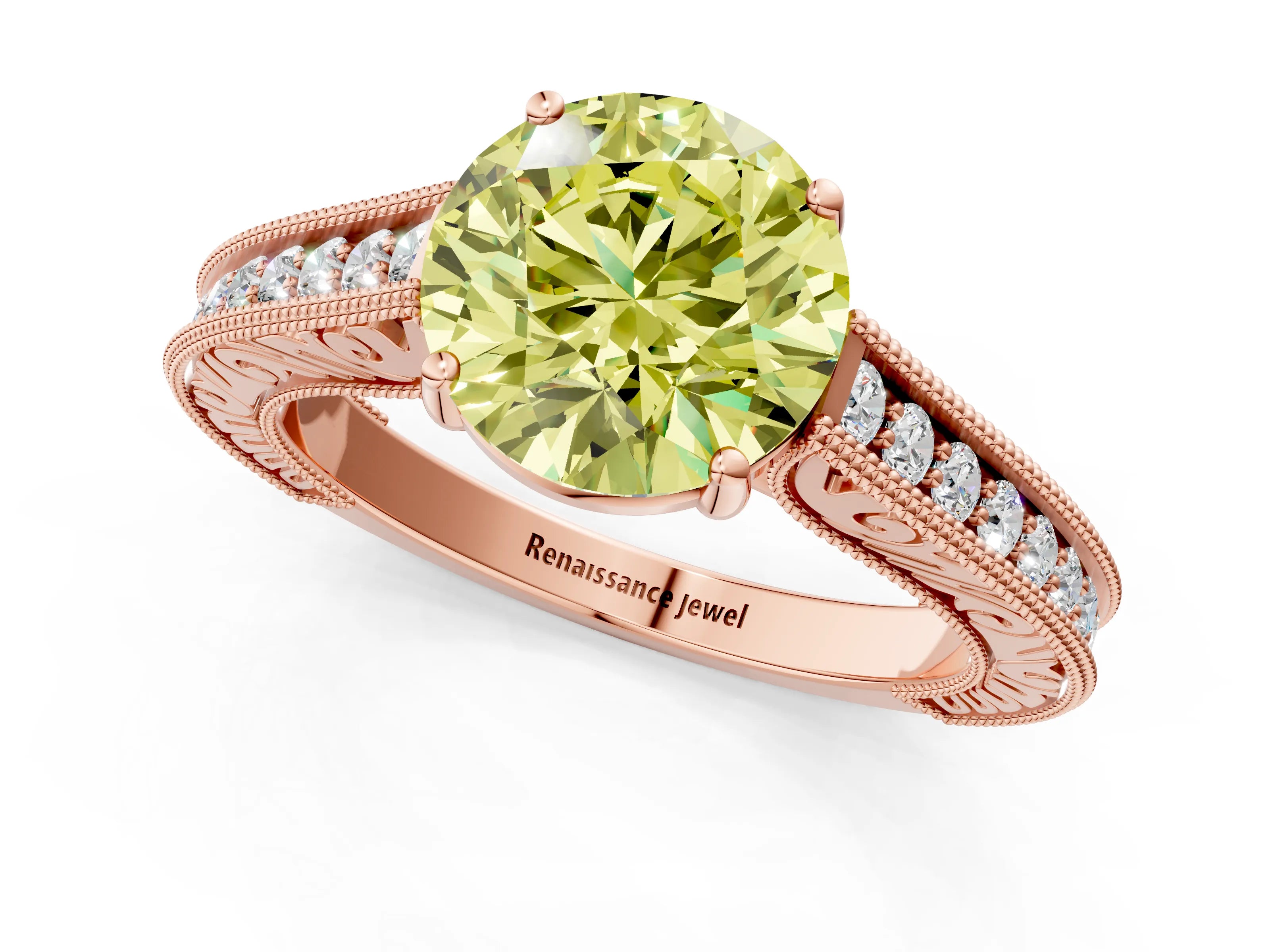 Rose gold Fancy Yellow Round Cut Cut Pave Band Milgrain Solitaire Ring_1