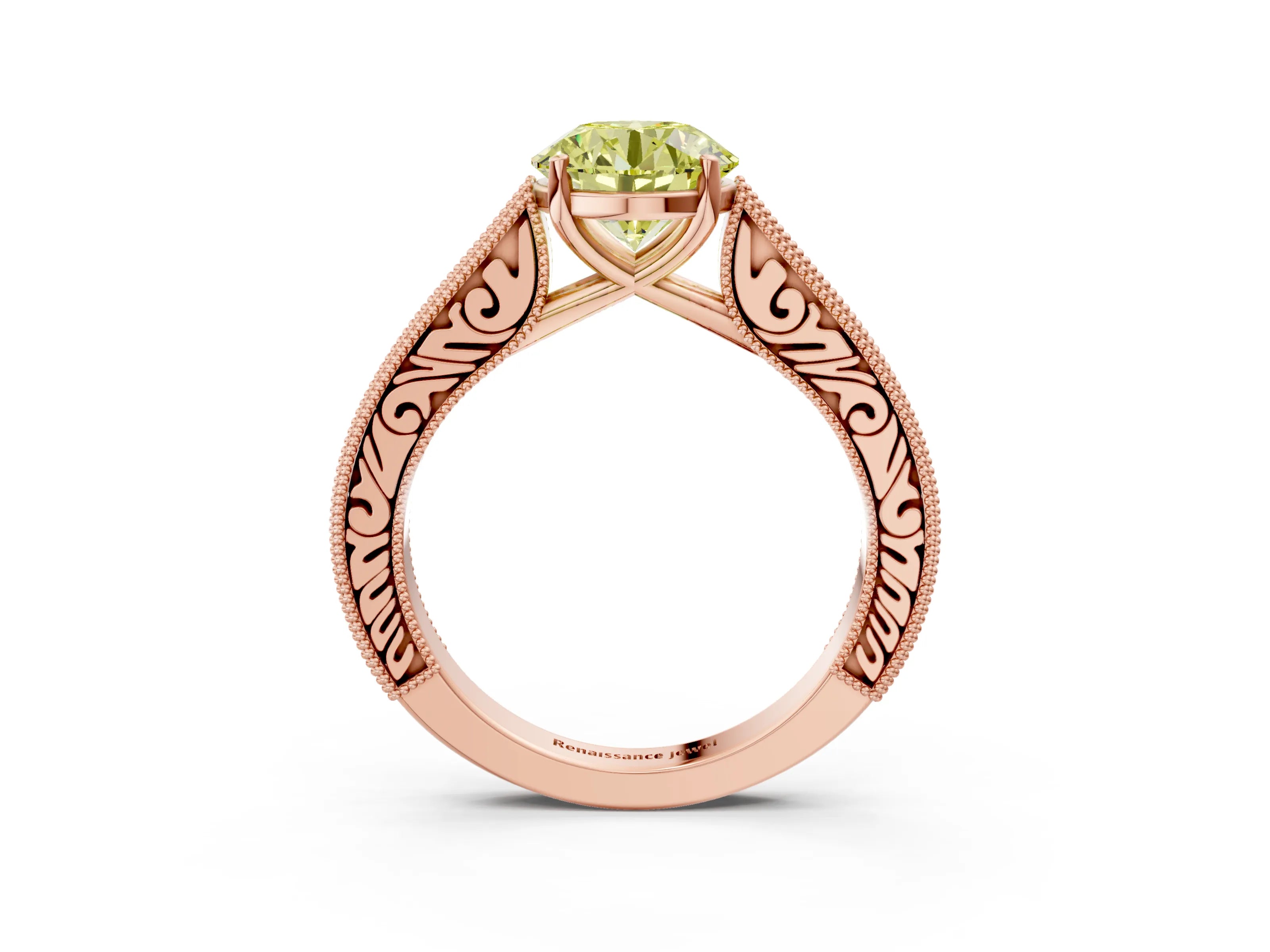 Rose gold Fancy Yellow Round Cut Cut Pave Band Milgrain Solitaire Ring_3