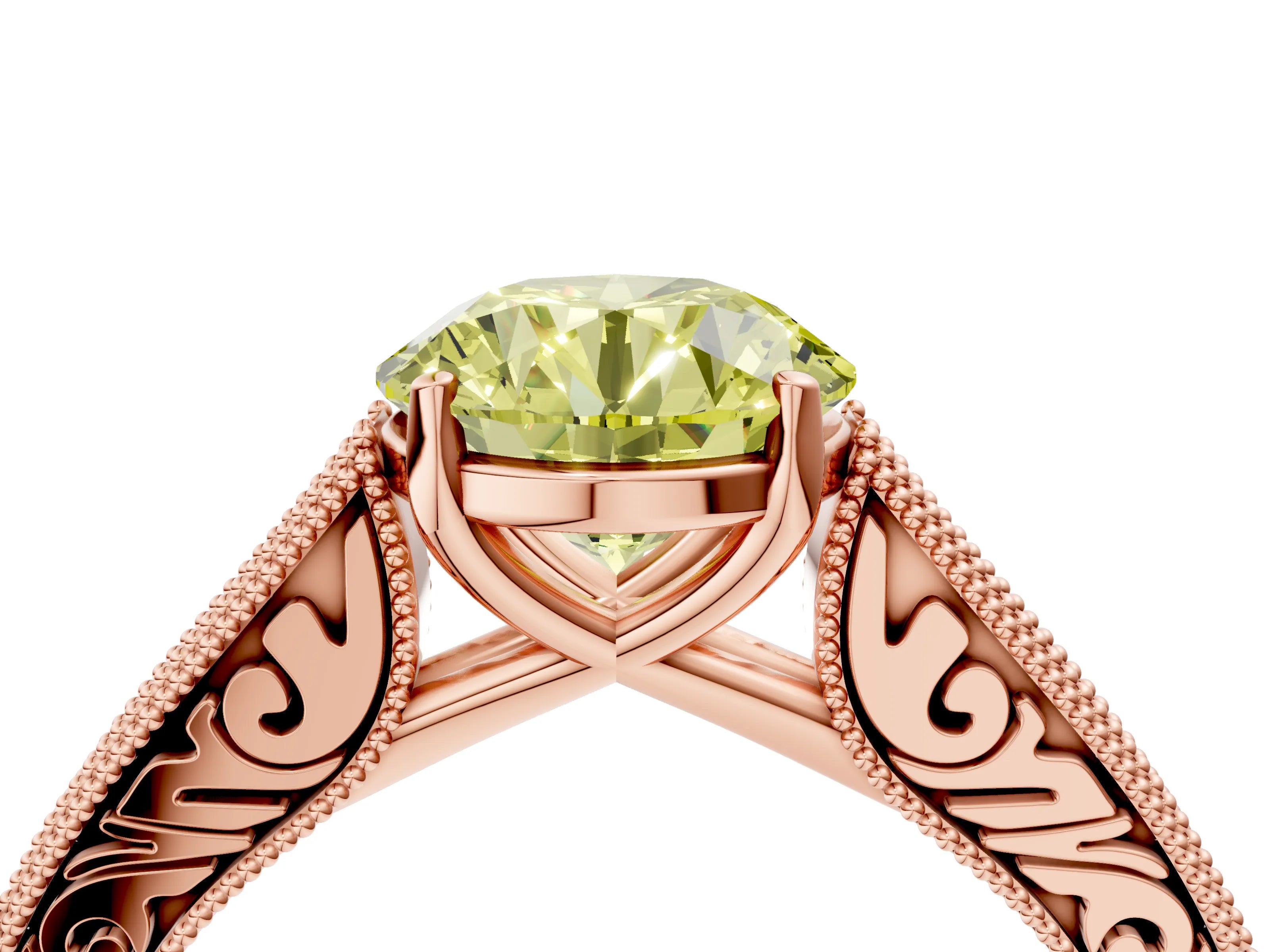 Rose gold Fancy Yellow Round Cut Cut Pave Band Milgrain Solitaire Ring_4