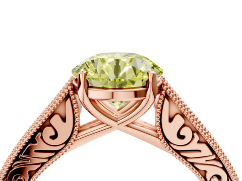 Rose gold Fancy Yellow Round Cut Cut Pave Band Milgrain Solitaire Ring_4