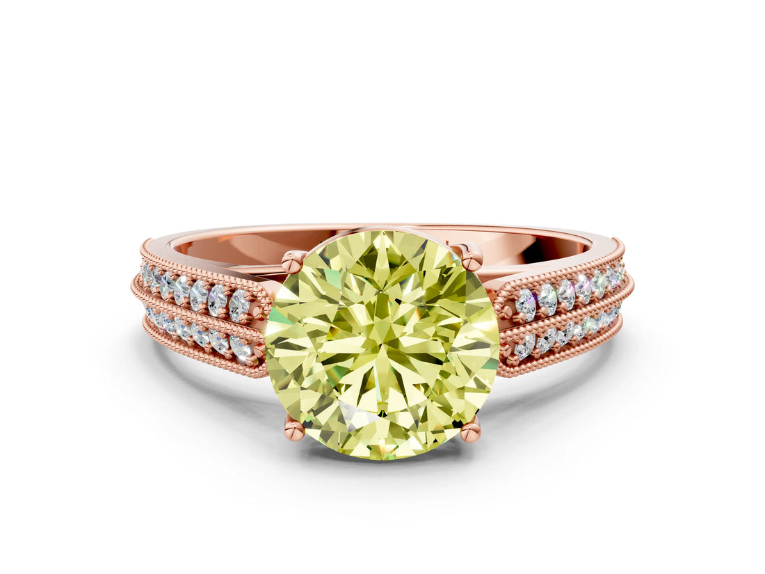 Rose gold Fancy Yellow Round Cut Cut Pave Split Shank Engagement Ring with Four-Prong Setting