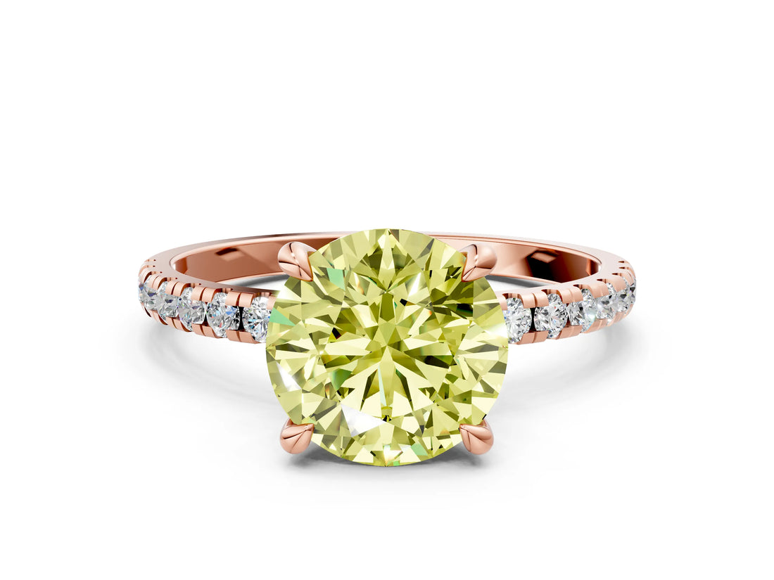Rose gold Fancy Yellow Round Cut Diamond Brilliant Solitaire Ring with Pavé Band and Four-Prong Setting