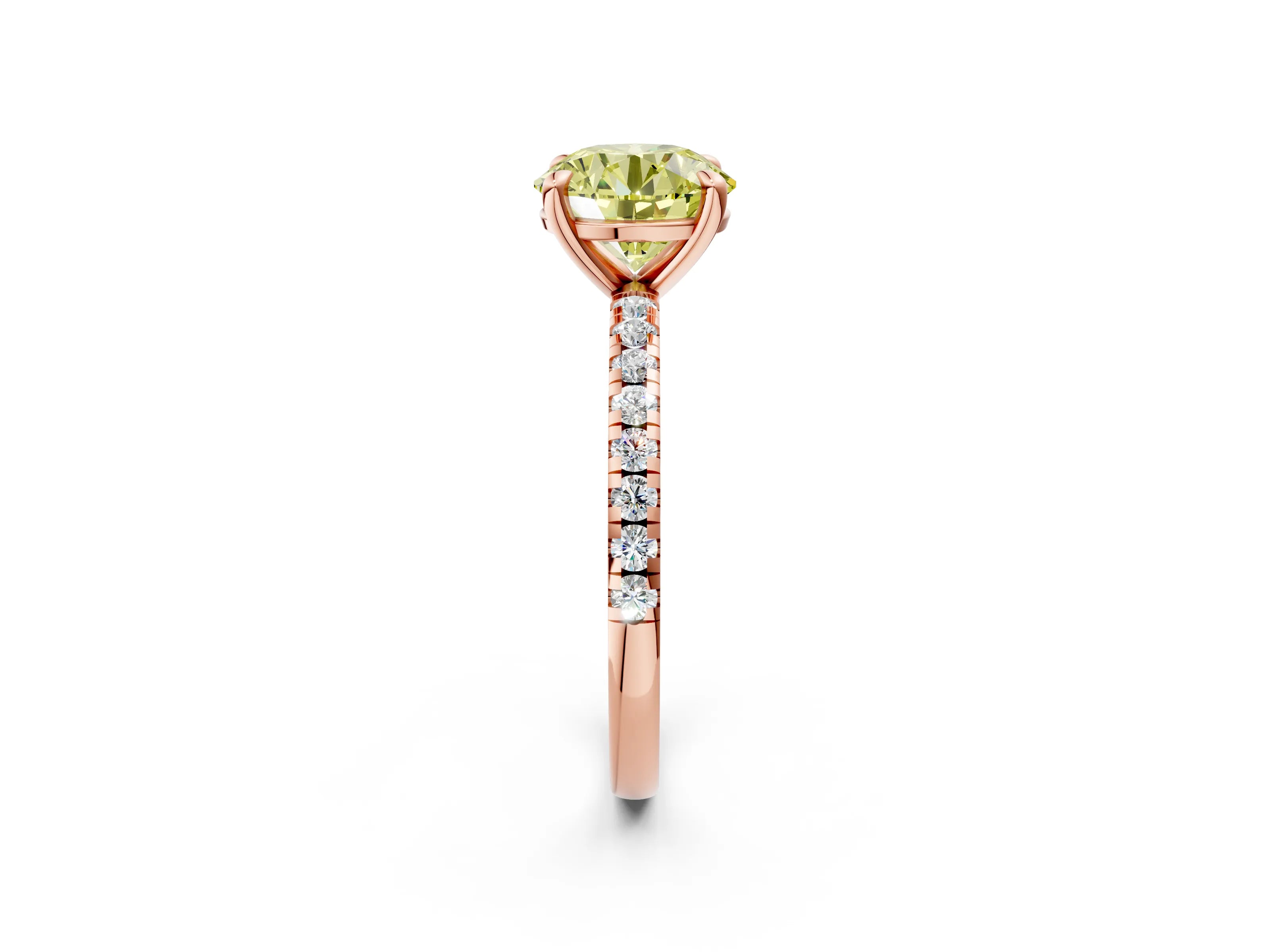 Rose gold Fancy Yellow Round Cut Diamond Brilliant Solitaire Ring with Pavé Band and Four-Prong Setting_2