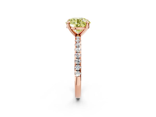 Rose gold Fancy Yellow Round Cut Diamond Brilliant Solitaire Ring with Pavé Band and Four-Prong Setting