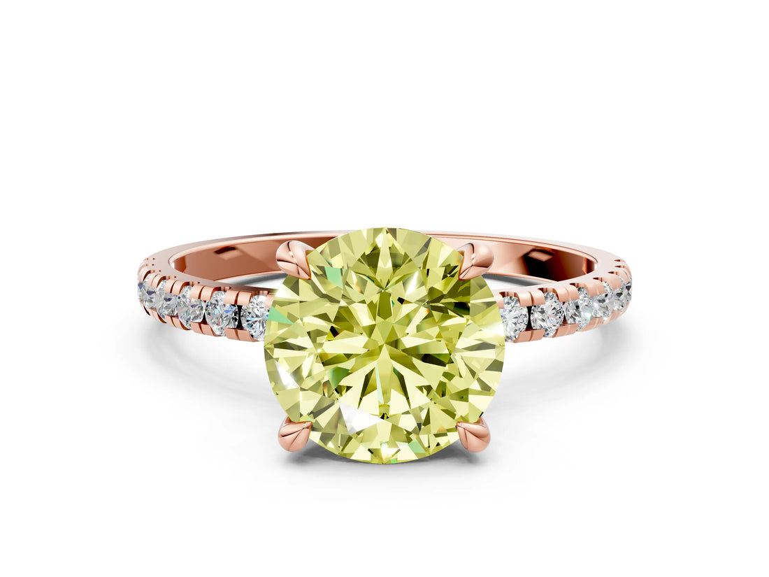 Rose gold Fancy Yellow Round Cut Diamond Brilliant Solitaire Ring with Pavé Band and Four-Prong Setting_24