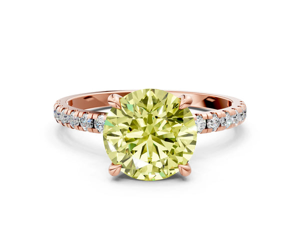 Rose gold Fancy Yellow Round Cut Diamond Brilliant Solitaire Ring with Pavé Band and Four-Prong Setting