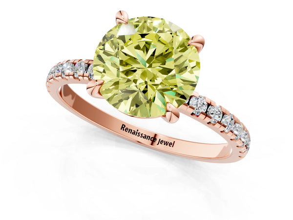 Rose gold Fancy Yellow Round Cut Diamond Brilliant Solitaire Ring with Pavé Band and Four-Prong Setting