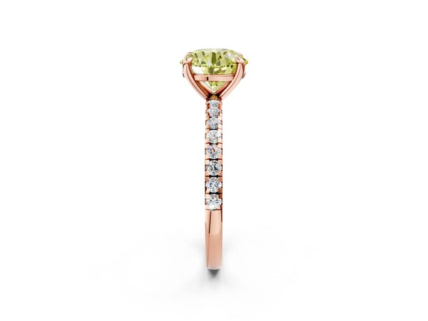 Rose gold Fancy Yellow Round Cut Diamond Brilliant Solitaire Ring with Pavé Band and Four-Prong Setting
