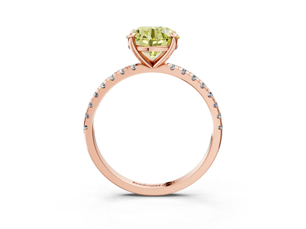 Rose gold Fancy Yellow Round Cut Diamond Brilliant Solitaire Ring with Pavé Band and Four-Prong Setting