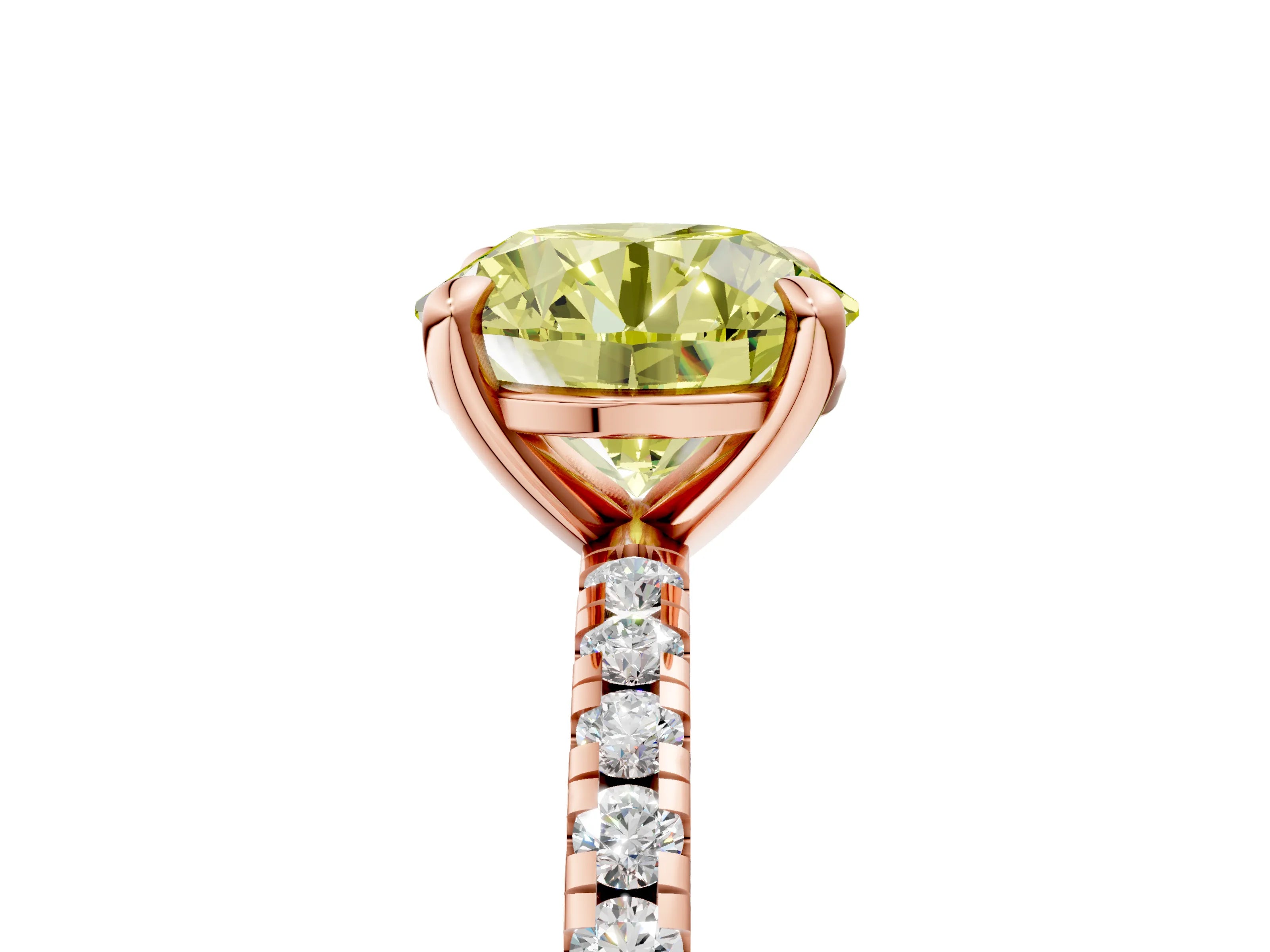 Rose gold Fancy Yellow Round Cut Diamond Brilliant Solitaire Ring with Pavé Band and Four-Prong Setting_5