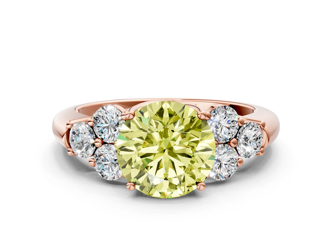 Rose gold Fancy Yellow Round  Cut Diamond Cluster Ring with Round Accent Stones and Prong Setting on a Classic Band_29