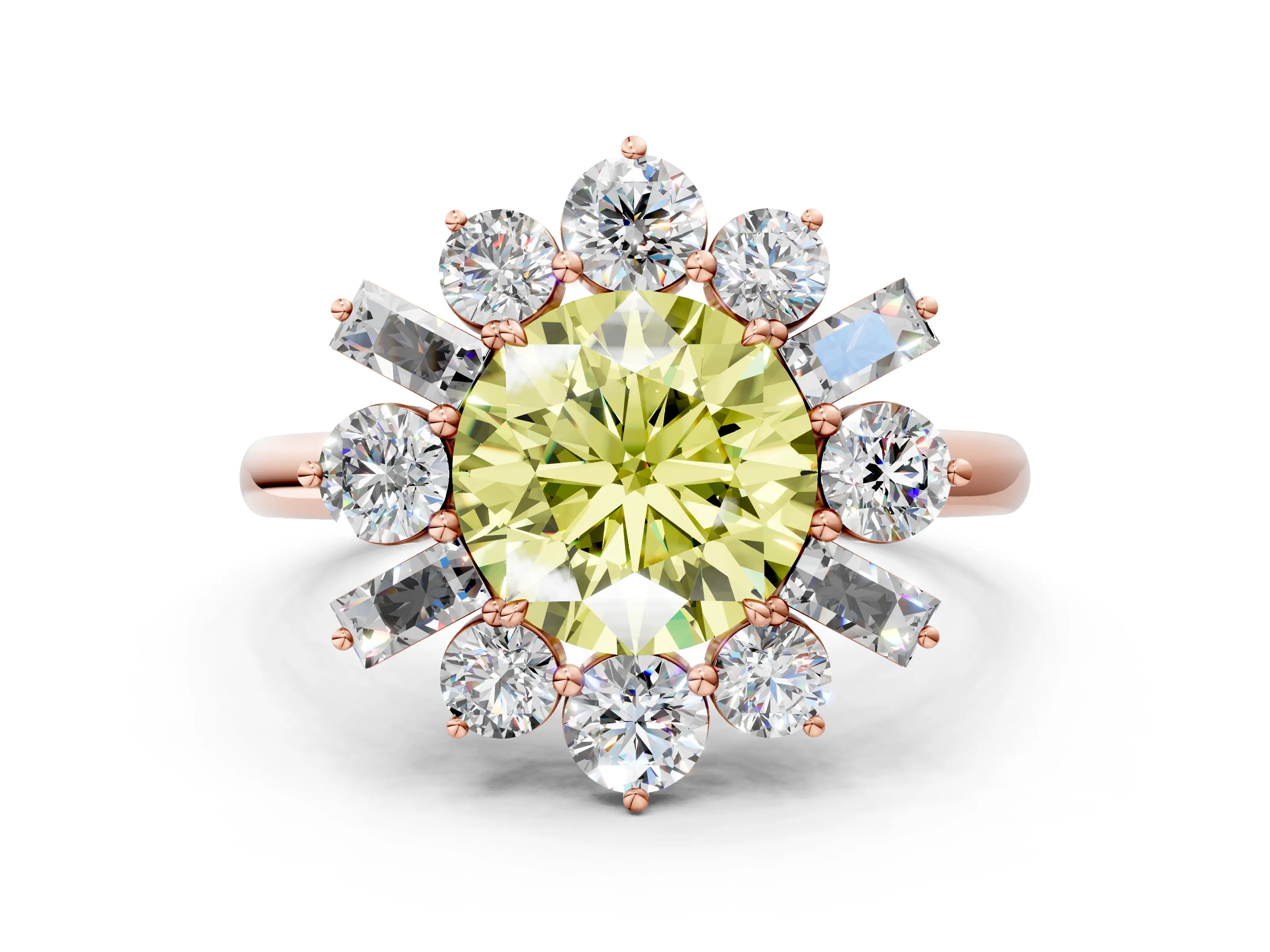 Rose gold Fancy Yellow Round Cut Diamond Cluster Ring with Round and Baguette Stones, Split Shank Band, Prong Setting