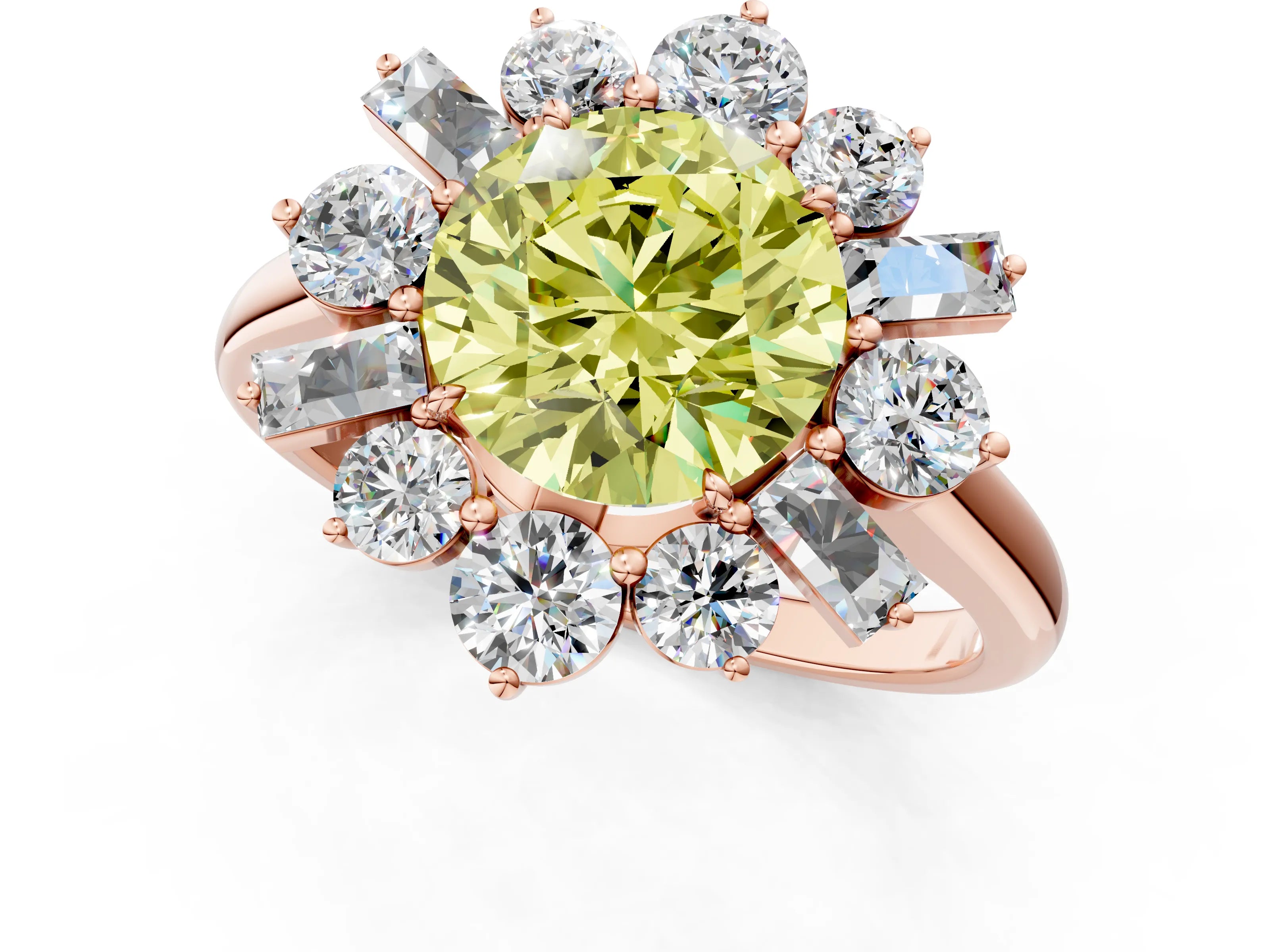 Rose gold Fancy Yellow Round Cut Diamond Cluster Ring with Round and Baguette Stones, Split Shank Band, Prong Setting_1