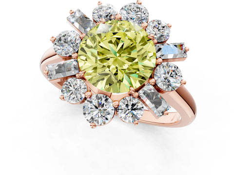 Rose gold Fancy Yellow Round Cut Diamond Cluster Ring with Round and Baguette Stones, Split Shank Band, Prong Setting_1
