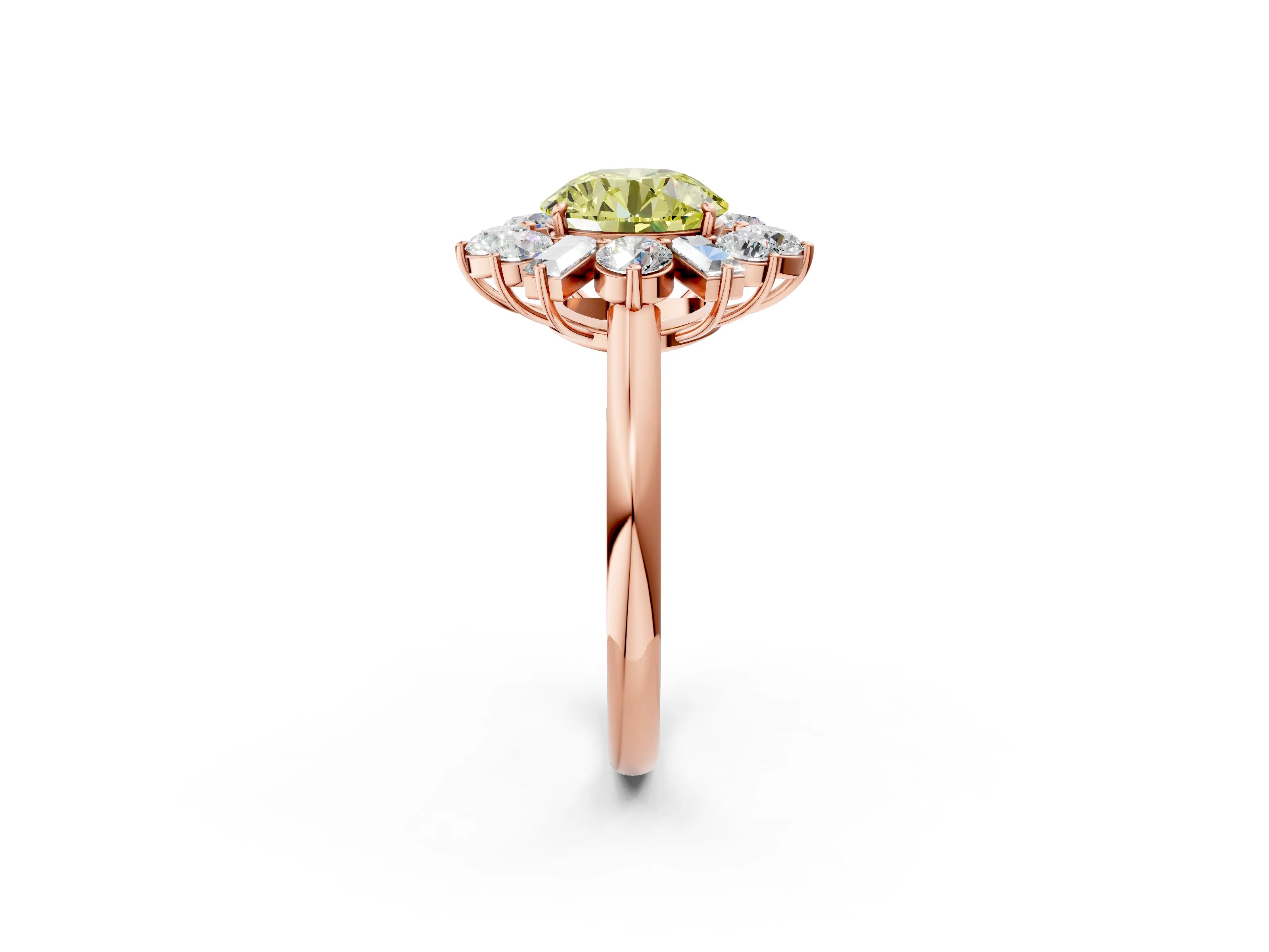 Rose gold Fancy Yellow Round Cut Diamond Cluster Ring with Round and Baguette Stones, Split Shank Band, Prong Setting_2