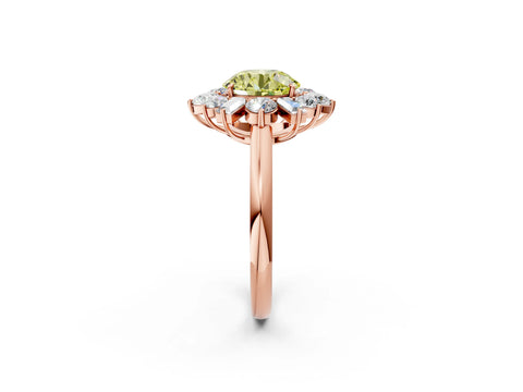 Rose gold Fancy Yellow Round Cut Diamond Cluster Ring with Round and Baguette Stones, Split Shank Band, Prong Setting_2