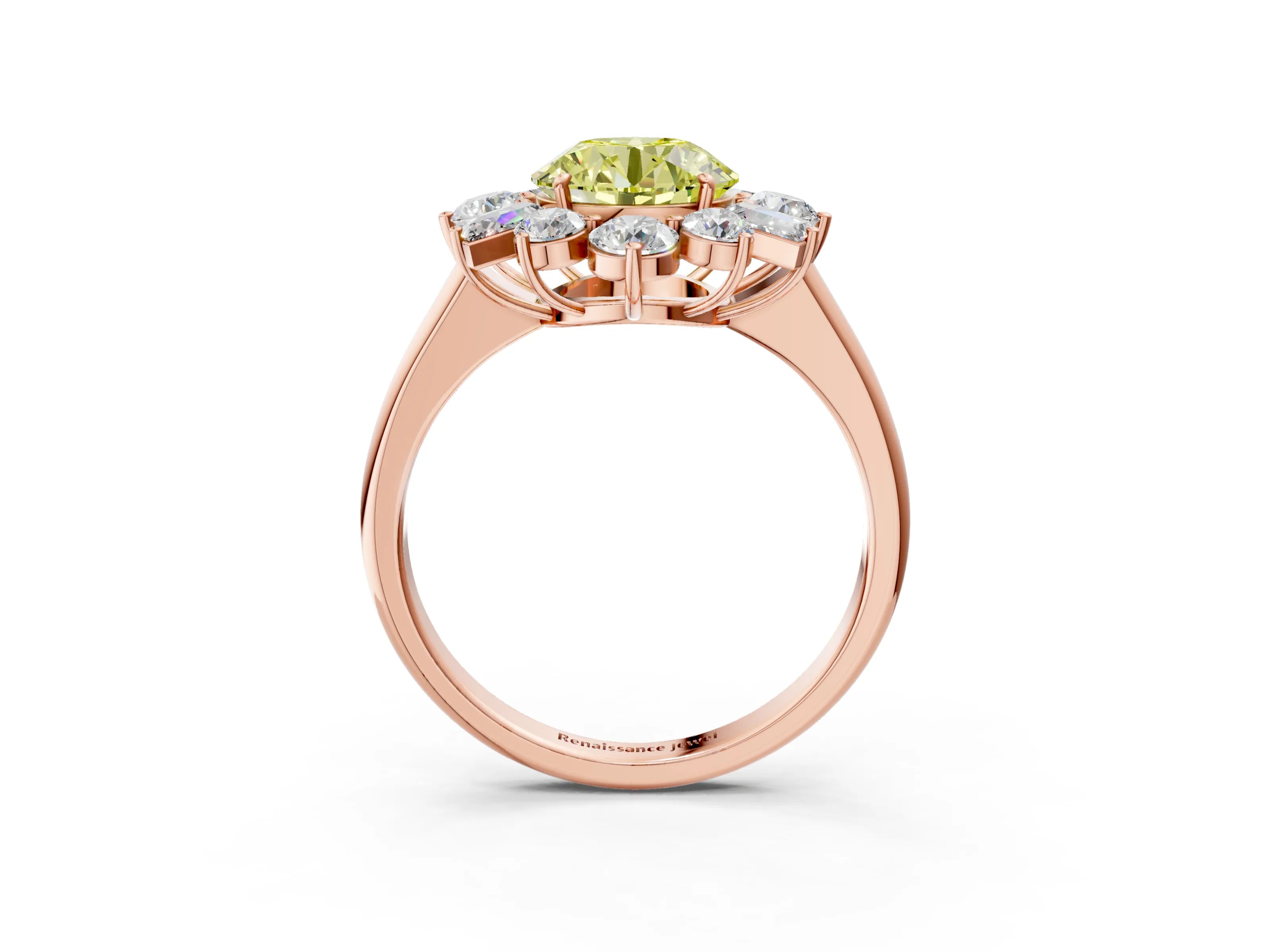 Rose gold Fancy Yellow Round Cut Diamond Cluster Ring with Round and Baguette Stones, Split Shank Band, Prong Setting_3