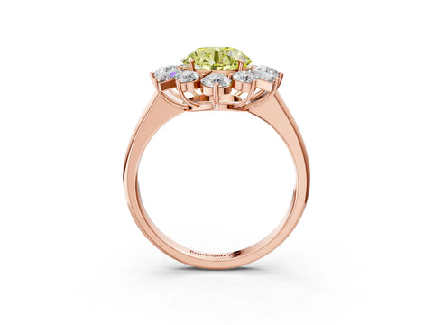 Rose gold Fancy Yellow Round Cut Diamond Cluster Ring with Round and Baguette Stones, Split Shank Band, Prong Setting_3